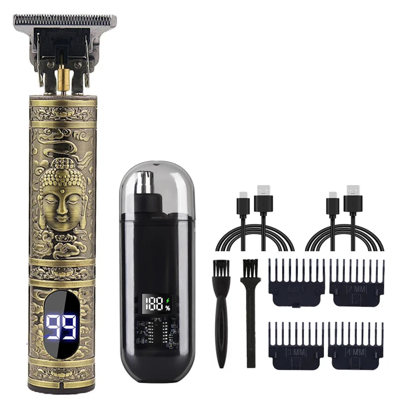 Tondeuse à Cheveux et Barbe T9 Vintage – Kit Rasoir Électrique Professionnel & Tondeuse Nez