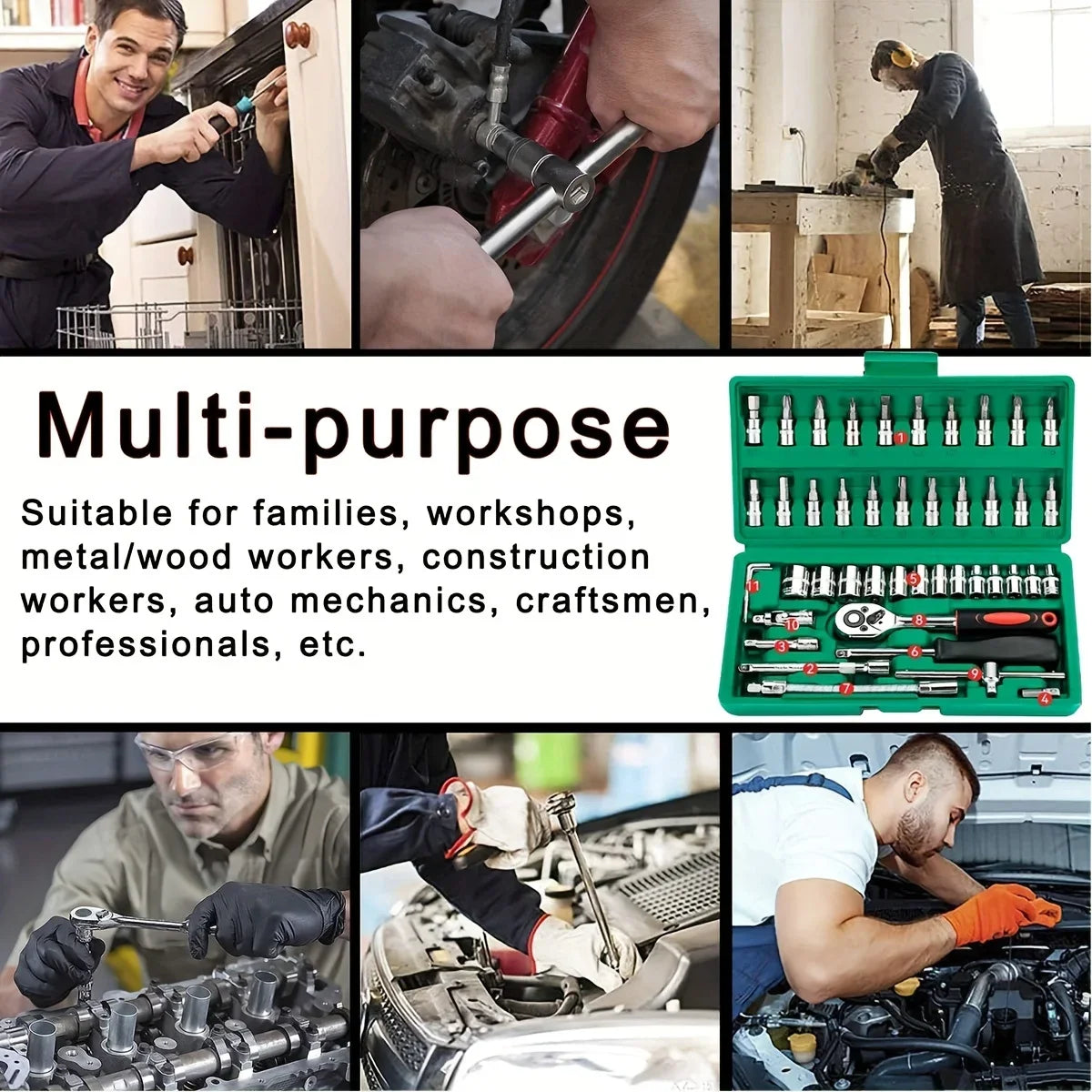 Mallette de Outils de Mécanique 46 Pièces – Coffret de Douilles, Embouts Hex et Clé à Cliquet 1/4" pour Auto & Maison