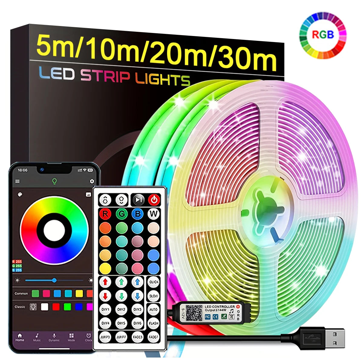 Ruban LED RGB Connecté – Bande Lumineuse Intelligente avec Contrôle par Application & Télécommande pour Décoration Chambre