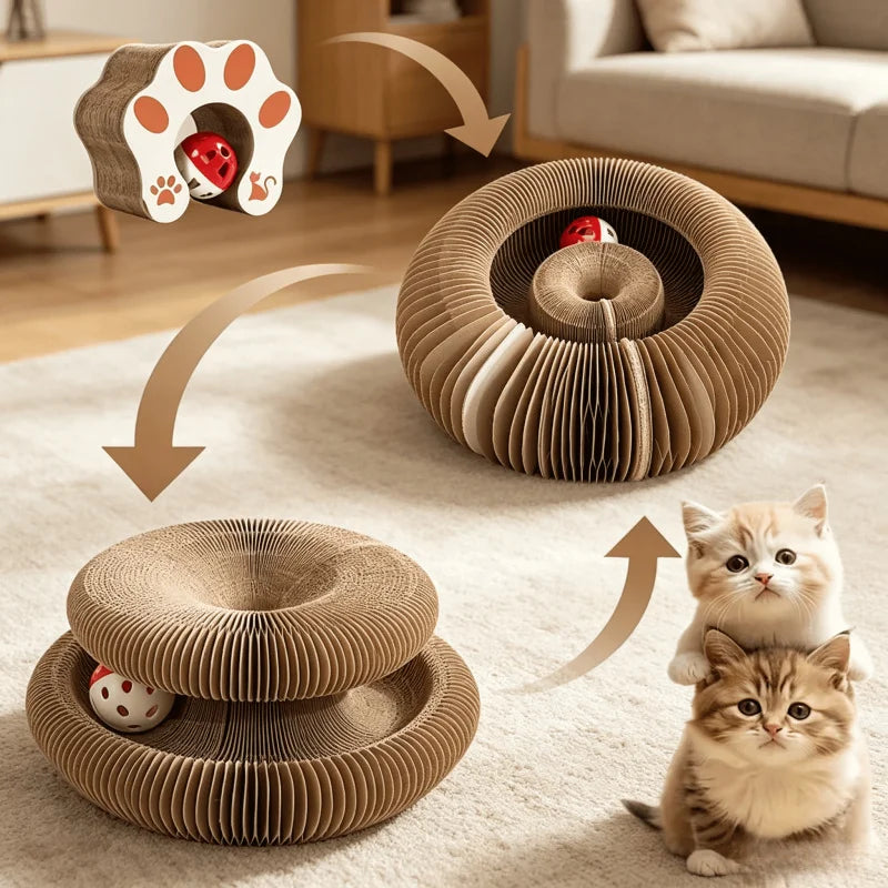 Griffoir pour Chat Accordéon Pliable – Jouet Interactif en Carton avec Grelot et Herbe à Chat pour Griffes et Jeu
