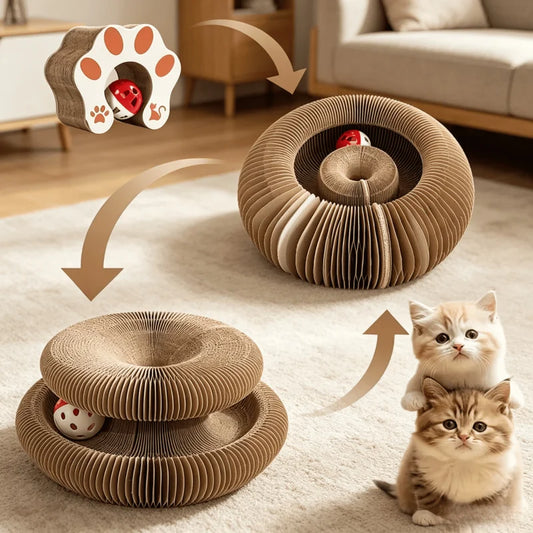 Griffoir pour Chat Accordéon Pliable – Jouet Interactif en Carton avec Grelot et Herbe à Chat pour Griffes et Jeu