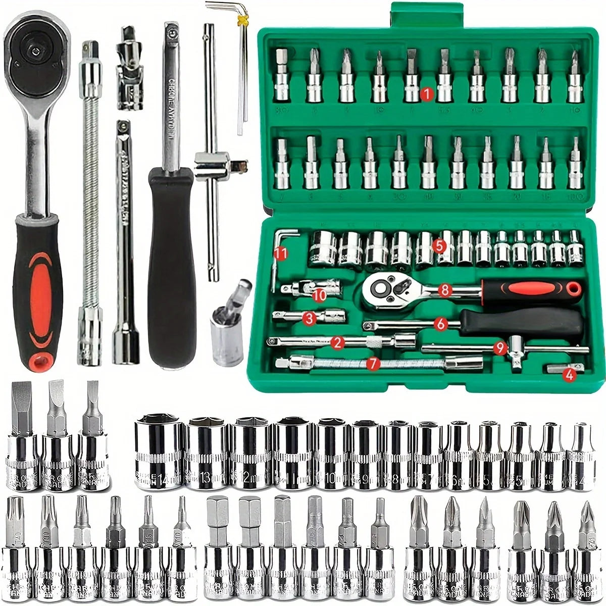Mallette de Outils de Mécanique 46 Pièces – Coffret de Douilles, Embouts Hex et Clé à Cliquet 1/4" pour Auto & Maison