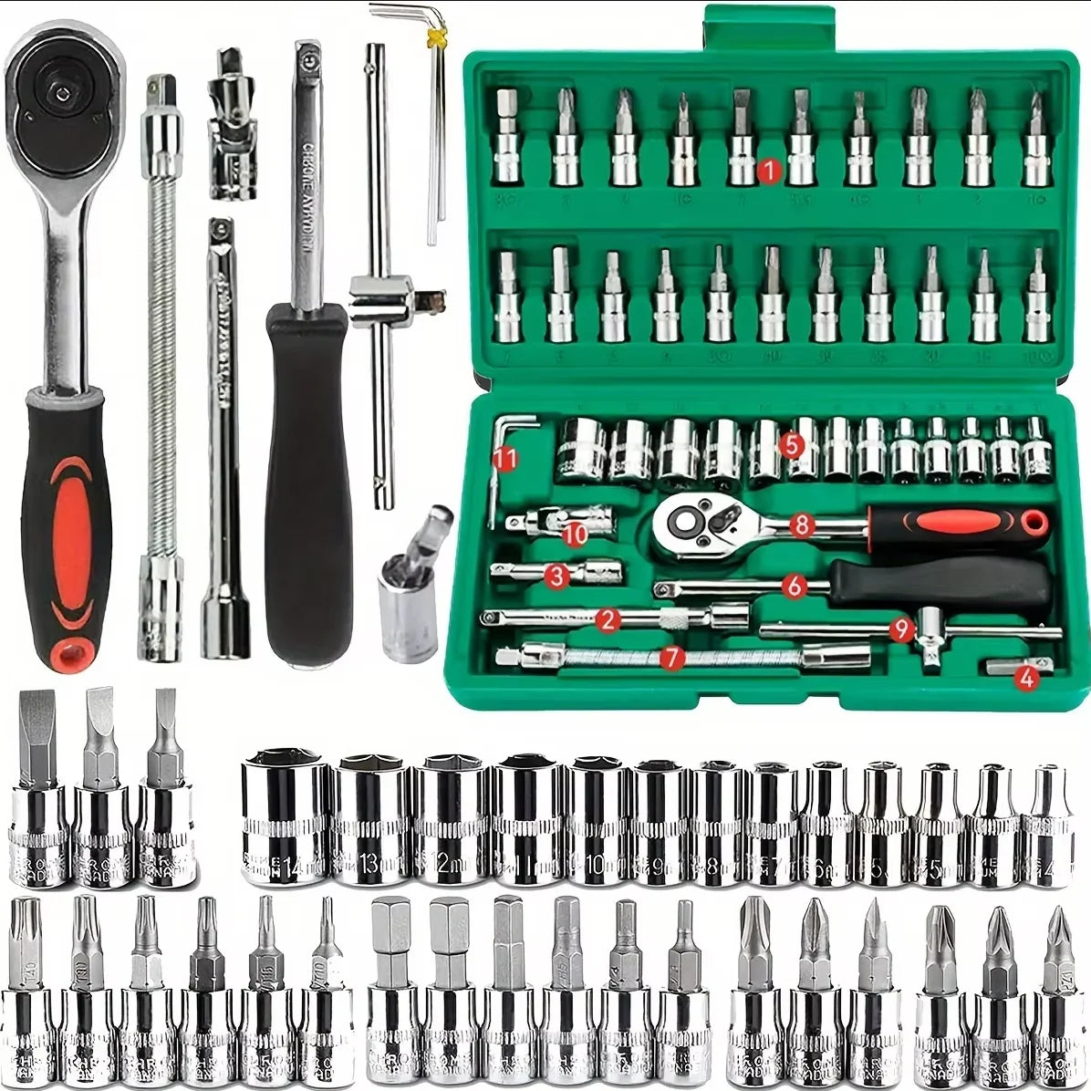 Mallette de Outils de Mécanique 46 Pièces – Coffret de Douilles, Embouts Hex et Clé à Cliquet 1/4" pour Auto & Maison